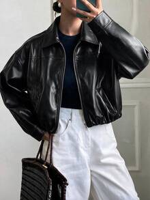 Avenya Fall/Winter Minimalist Street Casual Streetwear Style Lapel Split Zipper Short Jacket Shiny Leather Jacket Night Out Going Out Black Autumn Club - Black - View 1