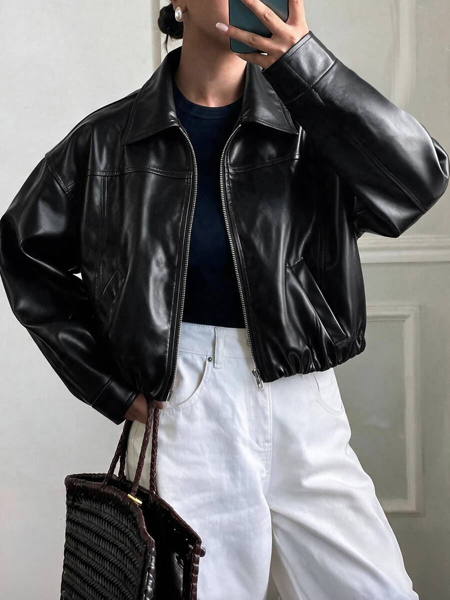 Avenya Fall/Winter Minimalist Street Casual Streetwear Style Lapel Split Zipper Short Jacket Shiny Leather Jacket Night Out Going Out Black Autumn Club - Black - View 1