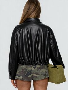 Avenya Fall/Winter Minimalist Street Casual Streetwear Style Lapel Split Zipper Short Jacket Shiny Leather Jacket Night Out Going Out Black Autumn Club - Black - View 6