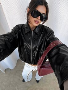 Avenya Fall/Winter Minimalist Street Casual Streetwear Style Lapel Split Zipper Short Jacket Shiny Leather Jacket Night Out Going Out Black Autumn Club - Black - View 5