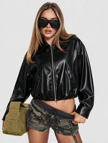 Avenya Fall/Winter Minimalist Street Casual Streetwear Style Lapel Split Zipper Short Jacket Shiny Leather Jacket Night Out Going Out Black Autumn Club - Black - View 2
