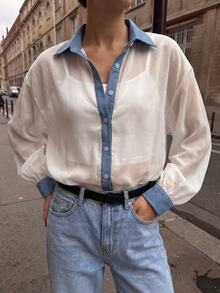 Trelyra Korean Style Colorblock Sheer Blouse + Camisole Set - White - View 3