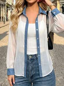 Trelyra Korean Style Colorblock Sheer Blouse + Camisole Set - White - View 7
