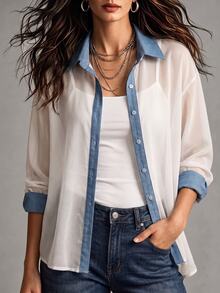 Trelyra Korean Style Colorblock Sheer Blouse + Camisole Set - White - View 9
