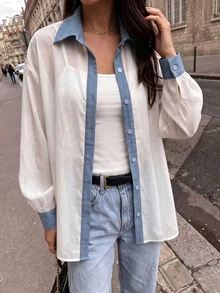 Trelyra Korean Style Colorblock Sheer Blouse + Camisole Set - White - View 5