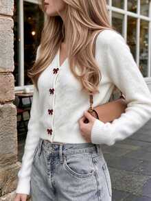 Cévolie Women's Bow-Knot Button Casual Versatile Daily Wear Cardigan - White - View 4