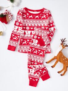 SHEIN Young Boy Autumn/Winter Pajamas 2pcs Christmas Stretchy Ribbed Snug Fit Print Red - Red - View 4