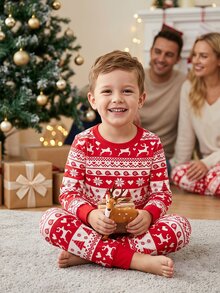 SHEIN Young Boy Autumn/Winter Pajamas 2pcs Christmas Stretchy Ribbed Snug Fit Print Red - Red - View 3
