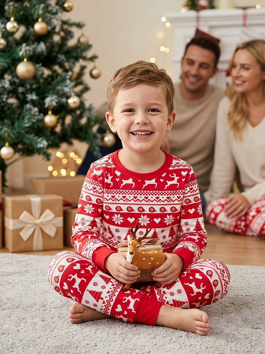 SHEIN Young Boy Autumn/Winter Pajamas 2pcs Christmas Stretchy Ribbed Snug Fit Print Red - Red - View 1