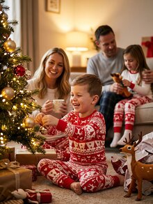 SHEIN Young Boy Autumn/Winter Pajamas 2pcs Christmas Stretchy Ribbed Snug Fit Print Red - Red - View 1