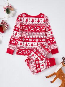 SHEIN Young Boy Autumn/Winter Pajamas 2pcs Christmas Stretchy Ribbed Snug Fit Print Red - Red - View 2