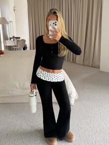 CovetEZ 2 Set Women's Solid Color Long Sleeve Top And Pants Casual Streetwear Y2k Y2k Daily 2 Pieces Set Gym Lounge Black Black Polka Dot Fall Everyday - Black and White - View 3