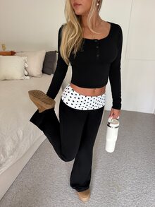 CovetEZ 2 Set Women's Solid Color Long Sleeve Top And Pants Casual Streetwear Y2k Y2k Daily 2 Pieces Set Gym Lounge Black Black Polka Dot Fall Everyday - Black and White - View 6