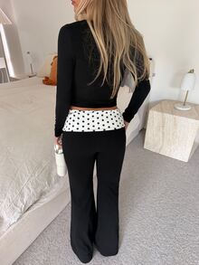 CovetEZ 2 Set Women's Solid Color Long Sleeve Top And Pants Casual Streetwear Y2k Y2k Daily 2 Pieces Set Gym Lounge Black Black Polka Dot Fall Everyday - Black and White - View 2