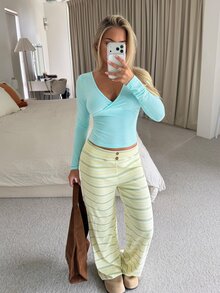 CovetEZ Women's Striped Straight Leg Pants With Button Waist Design - Green - View 5