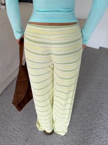 CovetEZ Women's Striped Straight Leg Pants With Button Waist Design - Green - View 2