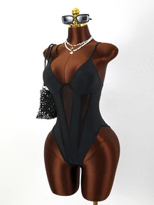 Swim SXY Solid Color Fabric With Mesh Splice One-Piece Swimsuit With Adjustable Straps, Fashionable, Elegant And Sexy - Black - View 7