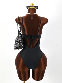 Swim SXY Solid Color Fabric With Mesh Splice One-Piece Swimsuit With Adjustable Straps, Fashionable, Elegant And Sexy - Black - View 8