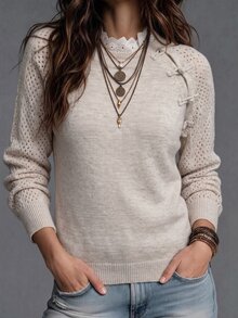 SHEIN Women's New Chinese Style Frog Button Knit Sweater, Soft Hollow-Out Raglan Long Sleeve Top, Loose Round Neck Pullover, Slouchy Chic Niche Design, Versatile Commuter Knitwear - Beige - View 3