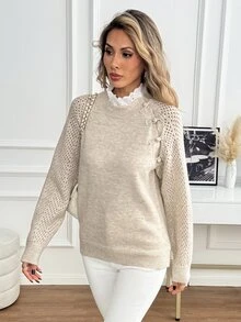 SHEIN Women's New Chinese Style Frog Button Knit Sweater, Soft Hollow-Out Raglan Long Sleeve Top, Loose Round Neck Pullover, Slouchy Chic Niche Design, Versatile Commuter Knitwear - Beige - View 6
