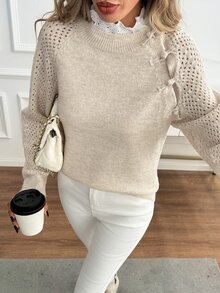 SHEIN Women's New Chinese Style Frog Button Knit Sweater, Soft Hollow-Out Raglan Long Sleeve Top, Loose Round Neck Pullover, Slouchy Chic Niche Design, Versatile Commuter Knitwear - Beige - View 5