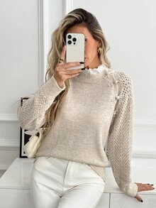 SHEIN Women's New Chinese Style Frog Button Knit Sweater, Soft Hollow-Out Raglan Long Sleeve Top, Loose Round Neck Pullover, Slouchy Chic Niche Design, Versatile Commuter Knitwear - Beige - View 4