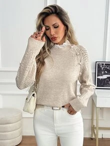 SHEIN Women's New Chinese Style Frog Button Knit Sweater, Soft Hollow-Out Raglan Long Sleeve Top, Loose Round Neck Pullover, Slouchy Chic Niche Design, Versatile Commuter Knitwear - Beige - View 7