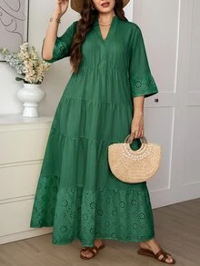 Easowa Curve Plus Size Women's Solid Color Ruched Casual Boho Bohemian Party Vacation Dress Fall Sage Green - Green - View 3