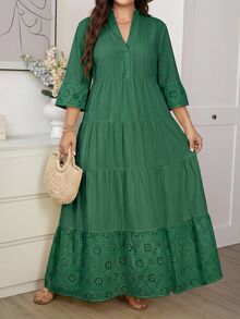 Easowa Curve Plus Size Women's Solid Color Ruched Casual Boho Bohemian Party Vacation Dress Fall Sage Green - Green - View 2