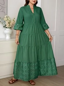 Easowa Curve Plus Size Women's Solid Color Ruched Casual Boho Bohemian Party Vacation Dress Fall Sage Green - Green - View 4