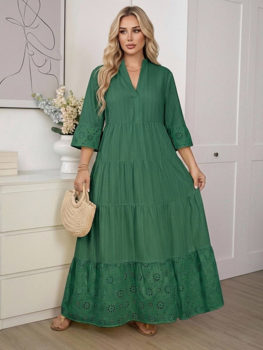 Easowa Curve Plus Size Women's Solid Color Ruched Casual Boho Bohemian Party Vacation Dress Fall Sage Green - Green - View 1