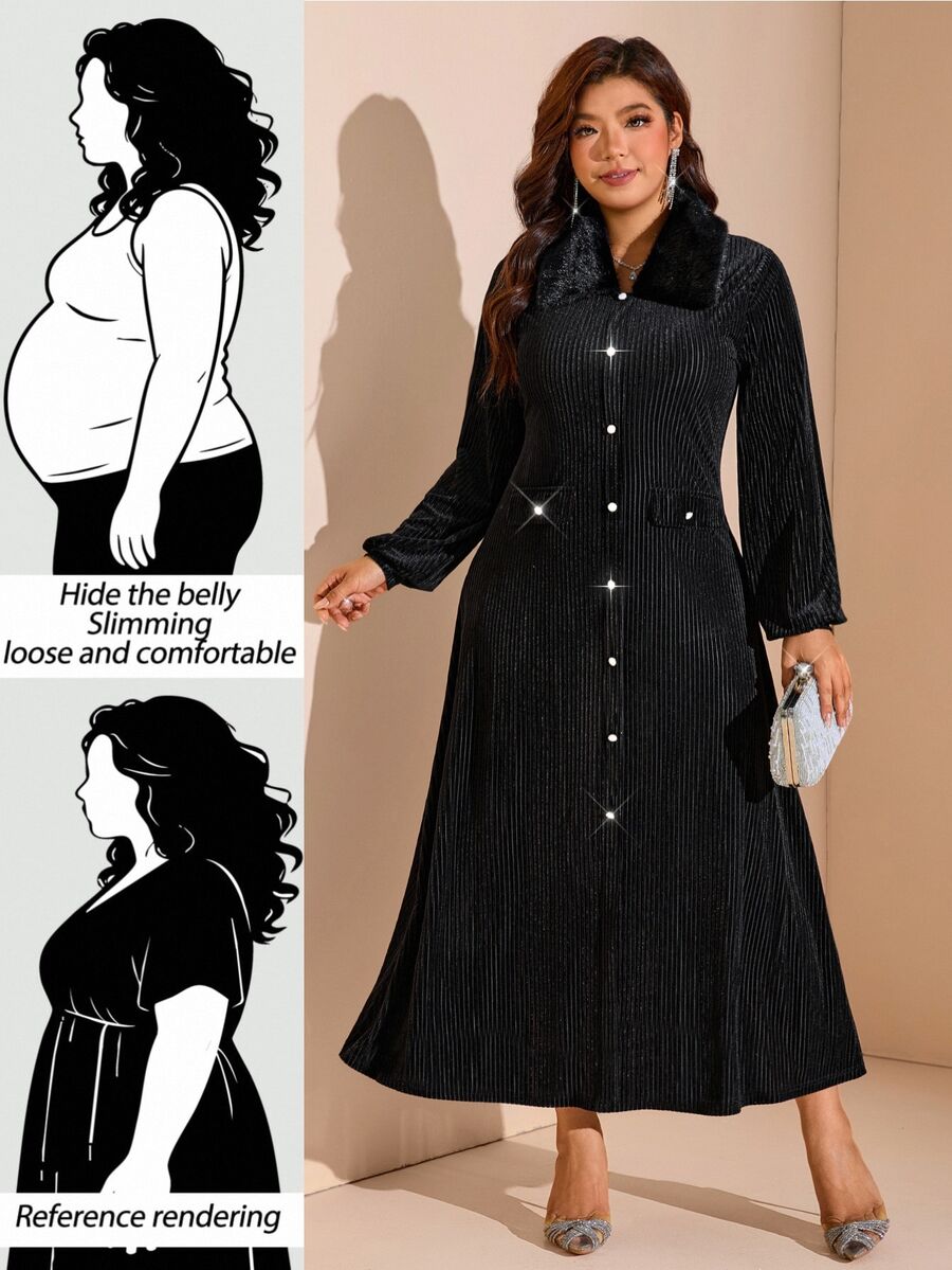 Comfylo Plus Size Women's Plush Patchwork Casual Party & Travel Dress - Black - View 1