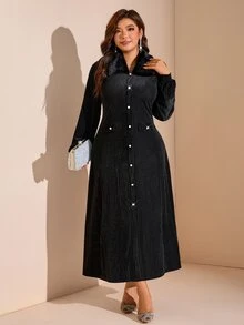 Comfylo Plus Size Women's Plush Patchwork Casual Party & Travel Dress - Black - View 4