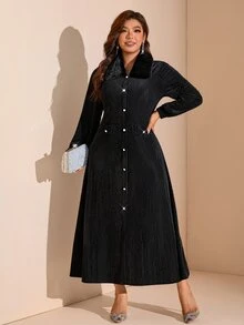 Comfylo Plus Size Women's Plush Patchwork Casual Party & Travel Dress - Black - View 5