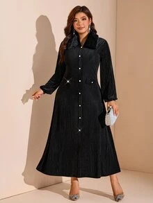 Comfylo Plus Size Women's Plush Patchwork Casual Party & Travel Dress - Black - View 3