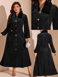 Comfylo Plus Size Women's Plush Patchwork Casual Party & Travel Dress - Black - View 2