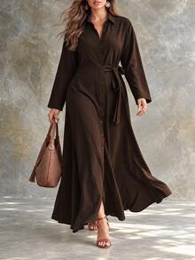 Ceyna Plus Size Women's Dark Brown Textured Relaxed Fit Collared Waist-Cinching Long Shirt Dress - Brown - View 3