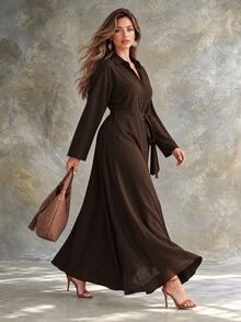 Ceyna Plus Size Women's Dark Brown Textured Relaxed Fit Collared Waist-Cinching Long Shirt Dress - Brown - View 4