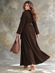 Ceyna Plus Size Women's Dark Brown Textured Relaxed Fit Collared Waist-Cinching Long Shirt Dress - Brown - View 2