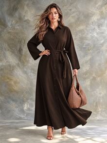 Ceyna Plus Size Women's Dark Brown Textured Relaxed Fit Collared Waist-Cinching Long Shirt Dress - Brown - View 1