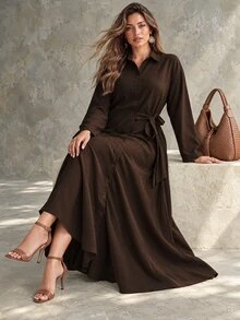 Ceyna Plus Size Women's Dark Brown Textured Relaxed Fit Collared Waist-Cinching Long Shirt Dress - Brown - View 6