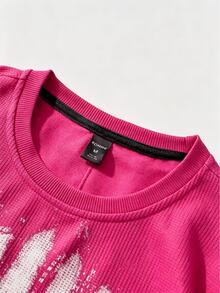 ROMWE MEN Street Life Men's Waffle Fabric Face Print Loose Fit T-Shirt - Hot Pink - View 3
