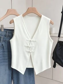 SHEIN Women's New Chinese Style Frog Button Knitted Vest Top, Fashion Casual French Elegant Versatile With Design Sense Brunch Tea Party Off White Fall - Apricot - View 3