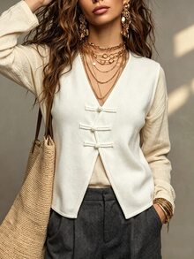 SHEIN Women's New Chinese Style Frog Button Knitted Vest Top, Fashion Casual French Elegant Versatile With Design Sense Brunch Tea Party Off White Fall - Apricot - View 6