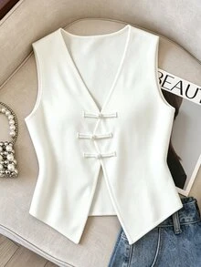 SHEIN Women's New Chinese Style Frog Button Knitted Vest Top, Fashion Casual French Elegant Versatile With Design Sense Brunch Tea Party Off White Fall - Apricot - View 1