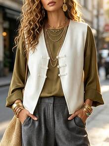 SHEIN Women's New Chinese Style Frog Button Knitted Vest Top, Fashion Casual French Elegant Versatile With Design Sense Brunch Tea Party Off White Fall - Apricot - View 4
