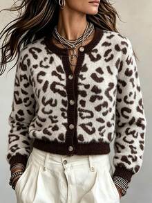 SHEIN Women's Leopard Print Single-Breasted Casual Daily Long Sleeve Cardigan - Multicolor - View 4