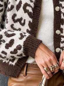 SHEIN Women's Leopard Print Single-Breasted Casual Daily Long Sleeve Cardigan - Multicolor - View 7