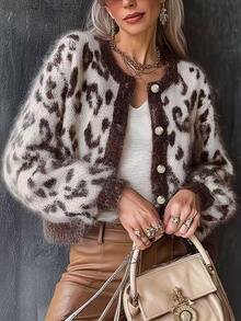 SHEIN Women's Leopard Print Single-Breasted Casual Daily Long Sleeve Cardigan - Multicolor - View 2