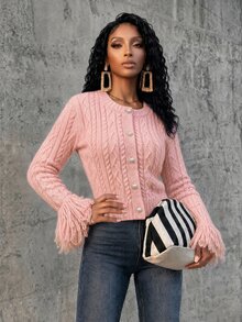 SHEIN Women New Autumn Winter Pink Crew Neck Cable Knit Cardigan. Short Style With Pearl Buttons & Tassel Cuffs, Elegant For Commuting And Casual Wear - Baby Pink - View 5
